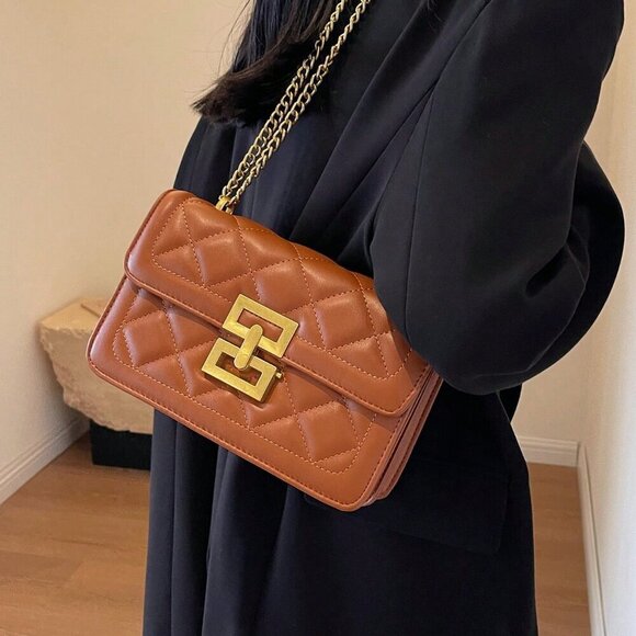 Brown Elegant Women's Square Crossbody Bag With Chain Strap - Picture 2 of 7